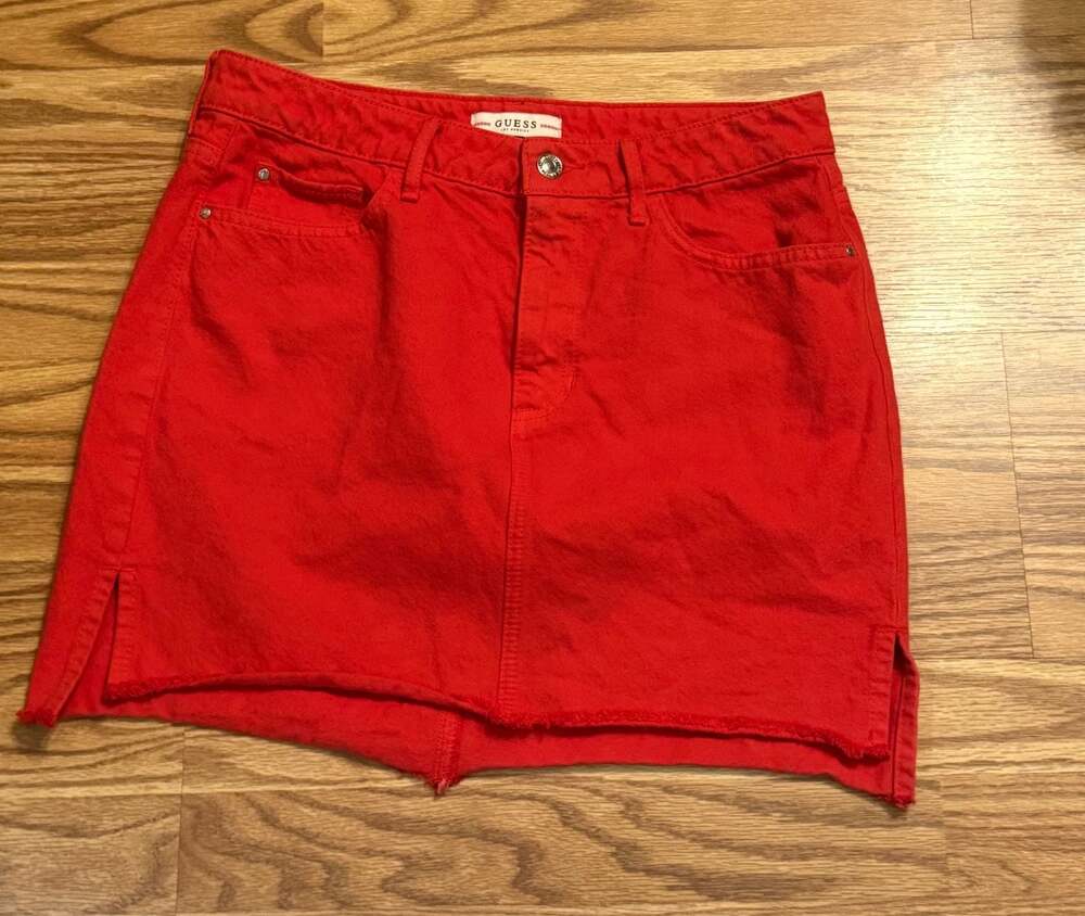GUESS Red Denim Mini Skirt with Raw Hem size medium y2k festival